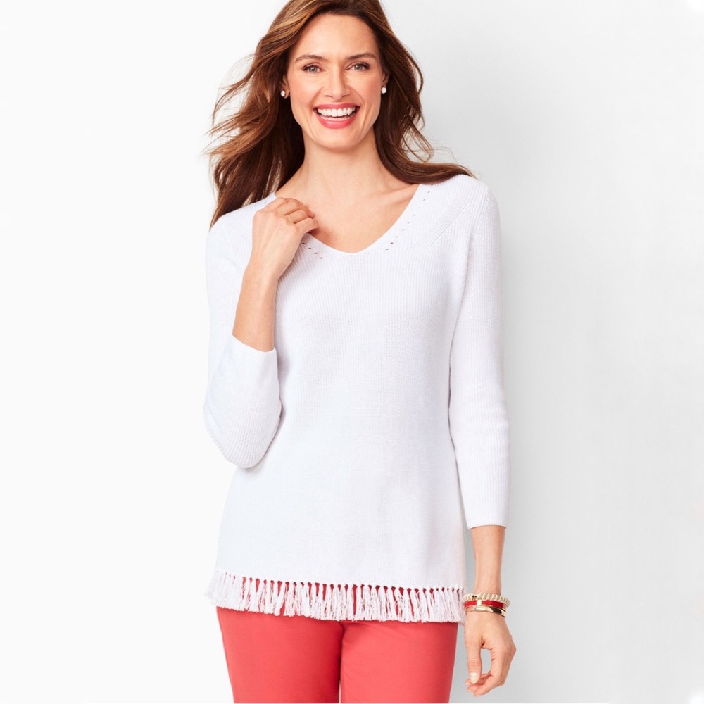 White Fringe Hem Sweater Talbots Knit Top V Neck Boho Tassel Pullover Bohemian M